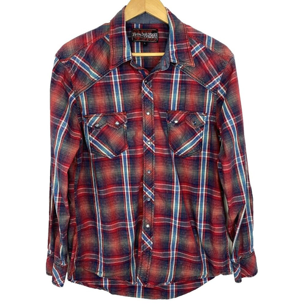 Rock & Roll Cowboy Shirt Mens Large Pearl Snap Long Sleeve Plaid Red Western